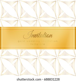 Luxury wedding invitation template with gold shiny realistic ribbon. Square card layout with rich golden pattern on white. Isolated. Design for bridal shower, save the date, banner, brochure, poster.