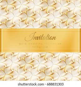 Luxury wedding invitation template with gold shiny realistic ribbon. Square card layout with rich golden pattern on white. Isolated. Design for bridal shower, save the date, banner, brochure, poster.