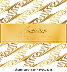 Luxury wedding invitation template with gold shiny realistic ribbon. Square card layout with rich golden pattern on white. Isolated. Design for bridal shower, save the date, banner, brochure, poster.