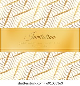 Luxury wedding invitation template with gold shiny realistic ribbon. Square card layout with rich golden pattern on white. Isolated. Design for bridal shower, save the date, banner, brochure, poster.