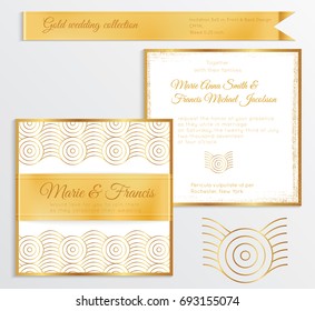 Luxury wedding invitation template with gold shiny realistic ribbon. Back and front square card layout with rich golden pattern on white. Isolated. Design for bridal shower, save the date, banner.