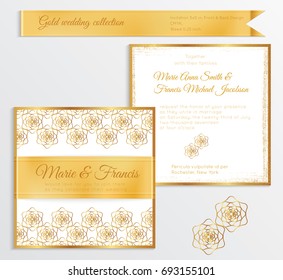 Luxury wedding invitation template with gold shiny realistic ribbon. Back and front square card layout with rich golden pattern on white. Isolated. Design for bridal shower, save the date, banner.