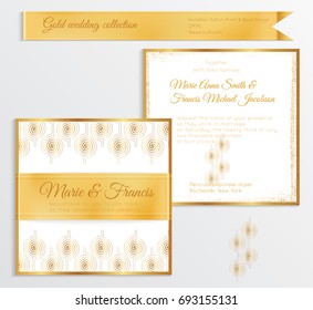 Luxury wedding invitation template with gold shiny realistic ribbon. Back and front square card layout with rich golden pattern on white. Isolated. Design for bridal shower, save the date, banner.