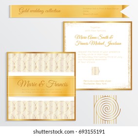 Luxury wedding invitation template with gold shiny realistic ribbon. Back and front square card layout with rich golden pattern on white. Isolated. Design for bridal shower, save the date, banner.