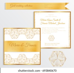 Luxury wedding invitation template with gold shiny realistic ribbon. Back and front square card layout with rich golden pattern on white. Isolated. Design for bridal shower, save the date, banner.