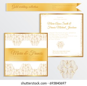 Luxury wedding invitation template with gold shiny realistic ribbon. Back and front square card layout with rich golden pattern on white. Isolated. Design for bridal shower, save the date, banner.