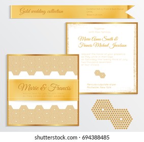 Luxury wedding invitation template with gold shiny realistic ribbon. Back and front square card layout with rich golden pattern on white. Isolated. Design for bridal shower, save the date, banner.