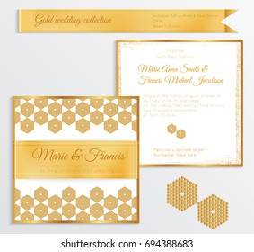 Luxury wedding invitation template with gold shiny realistic ribbon. Back and front square card layout with rich golden pattern on white. Isolated. Design for bridal shower, save the date, banner.
