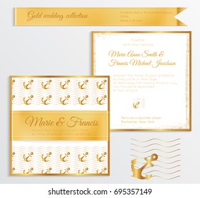 Luxury wedding invitation template with gold shiny realistic ribbon. Back and front square card layout with rich golden pattern on white. Isolated. Design for bridal shower, save the date, banner.
