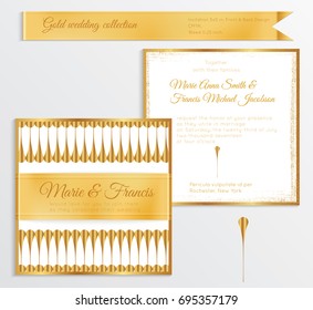 Luxury wedding invitation template with gold shiny realistic ribbon. Back and front square card layout with rich golden pattern on white. Isolated. Design for bridal shower, save the date, banner.