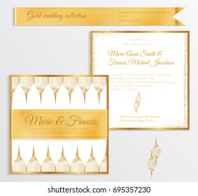 Luxury wedding invitation template with gold shiny realistic ribbon. Back and front square card layout with rich golden pattern on white. Isolated. Design for bridal shower, save the date, banner.