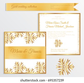 Luxury wedding invitation template with gold shiny realistic ribbon. Back and front square card layout with rich golden pattern on white. Isolated. Design for bridal shower, save the date, banner.