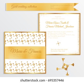 Luxury wedding invitation template with gold shiny realistic ribbon. Back and front square card layout with rich golden pattern on white. Isolated. Design for bridal shower, save the date, banner.