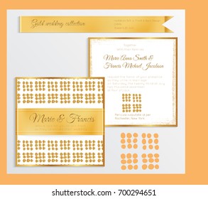 Luxury wedding invitation template with gold shiny realistic ribbon. Back and front square card layout with rich golden pattern on white. Isolated. Design for bridal shower, save the date, banner.