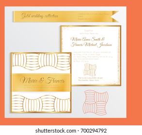Luxury wedding invitation template with gold shiny realistic ribbon. Back and front square card layout with rich golden pattern on white. Isolated. Design for bridal shower, save the date, banner.