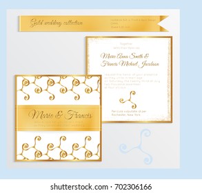 Luxury wedding invitation template with gold shiny realistic ribbon. Back and front square card layout with rich golden pattern on white. Isolated. Design for bridal shower, save the date, banner.