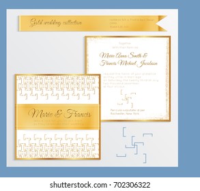 Luxury wedding invitation template with gold shiny realistic ribbon. Back and front square card layout with rich golden pattern on white. Isolated. Design for bridal shower, save the date, banner.