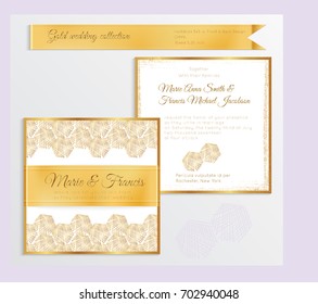 Luxury wedding invitation template with gold shiny realistic ribbon. Back and front square card layout with rich golden pattern on white. Isolated. Design for bridal shower, save the date, banner.