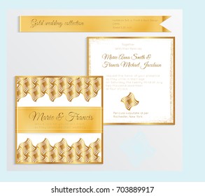 Luxury wedding invitation template with gold shiny realistic ribbon. Back and front square card layout with rich golden pattern on white. Isolated. Design for bridal shower, save the date, banner.
