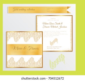 Luxury wedding invitation template with gold shiny realistic ribbon. Back and front square card layout with rich golden pattern on white. Isolated. Design for bridal shower, save the date, banner.