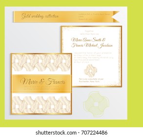 Luxury wedding invitation template with gold shiny realistic ribbon. Back and front square card layout with rich golden pattern on white. Isolated. Design for bridal shower, save the date, banner.