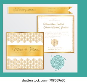 Luxury wedding invitation template with gold shiny realistic ribbon. Back and front square card layout with rich golden pattern on white. Isolated. Design for bridal shower, save the date, banner.