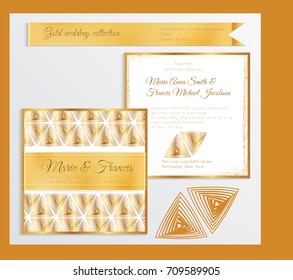 Luxury wedding invitation template with gold shiny realistic ribbon. Back and front square card layout with rich golden pattern on white. Isolated. Design for bridal shower, save the date, banner.