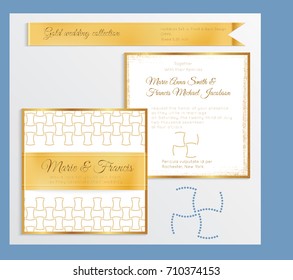 Luxury wedding invitation template with gold shiny realistic ribbon. Back and front square card layout with rich golden pattern on white. Isolated. Design for bridal shower, save the date, banner.