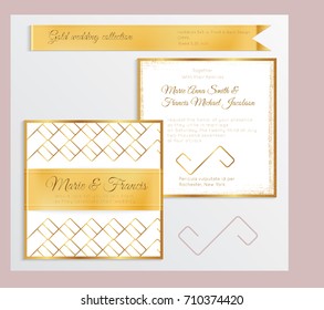 Luxury wedding invitation template with gold shiny realistic ribbon. Back and front square card layout with rich golden pattern on white. Isolated. Design for bridal shower, save the date, banner.