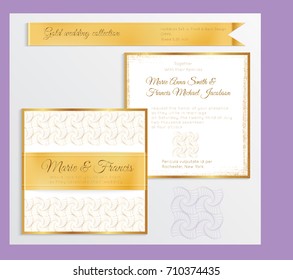 Luxury wedding invitation template with gold shiny realistic ribbon. Back and front square card layout with rich golden pattern on white. Isolated. Design for bridal shower, save the date, banner.