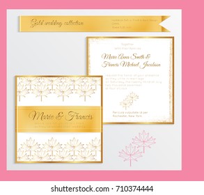Luxury wedding invitation template with gold shiny realistic ribbon. Back and front square card layout with rich golden pattern on white. Isolated. Design for bridal shower, save the date, banner.
