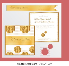 Luxury wedding invitation template with gold shiny realistic ribbon. Back and front square card layout with rich golden pattern on white. Isolated. Design for bridal shower, save the date, banner.