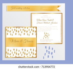 Luxury wedding invitation template with gold shiny realistic ribbon. Back and front square card layout with rich golden pattern on white. Isolated. Design for bridal shower, save the date, banner.