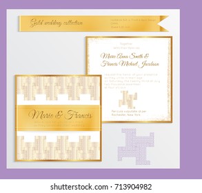 Luxury wedding invitation template with gold shiny realistic ribbon. Back and front square card layout with rich golden pattern on white. Isolated. Design for bridal shower, save the date, banner.