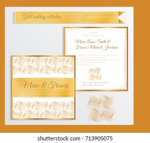 Luxury wedding invitation template with gold shiny realistic ribbon. Back and front square card layout with rich golden pattern on white. Isolated. Design for bridal shower, save the date, banner.