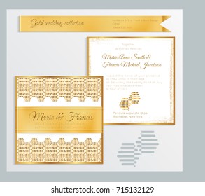 Luxury wedding invitation template with gold shiny realistic ribbon. Back and front square card layout with rich golden pattern on white. Isolated. Design for bridal shower, save the date, banner.