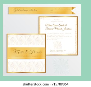 Luxury wedding invitation template with gold shiny realistic ribbon. Back and front square card layout with rich golden pattern on white. Isolated. Design for bridal shower, save the date, banner.