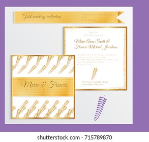 Luxury wedding invitation template with gold shiny realistic ribbon. Back and front square card layout with rich golden pattern on white. Isolated. Design for bridal shower, save the date, banner.