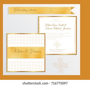 Luxury wedding invitation template with gold shiny realistic ribbon. Back and front square card layout with rich golden pattern on white. Isolated. Design for bridal shower, save the date, banner.