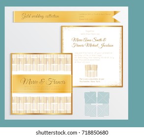 Luxury wedding invitation template with gold shiny realistic ribbon. Back and front square card layout with rich golden pattern on white. Isolated. Design for bridal shower, save the date, banner.