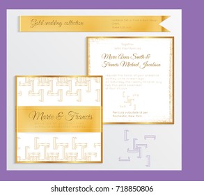 Luxury wedding invitation template with gold shiny realistic ribbon. Back and front square card layout with rich golden pattern on white. Isolated. Design for bridal shower, save the date, banner.