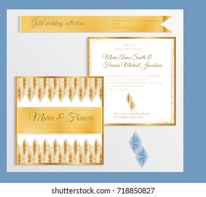 Luxury wedding invitation template with gold shiny realistic ribbon. Back and front square card layout with rich golden pattern on white. Isolated. Design for bridal shower, save the date, banner.