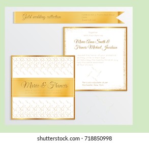 Luxury wedding invitation template with gold shiny realistic ribbon. Back and front square card layout with rich golden pattern on white. Isolated. Design for bridal shower, save the date, banner.