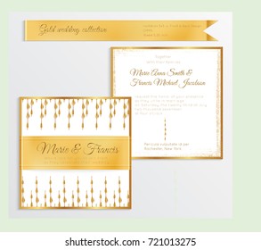 Luxury wedding invitation template with gold shiny realistic ribbon. Back and front square card layout with rich golden pattern on white. Isolated. Design for bridal shower, save the date, banner.