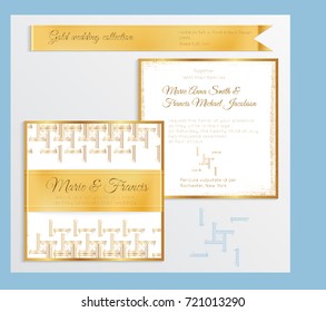 Luxury wedding invitation template with gold shiny realistic ribbon. Back and front square card layout with rich golden pattern on white. Isolated. Design for bridal shower, save the date, banner.