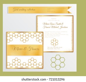 Luxury wedding invitation template with gold shiny realistic ribbon. Back and front square card layout with rich golden pattern on white. Isolated. Design for bridal shower, save the date, banner.