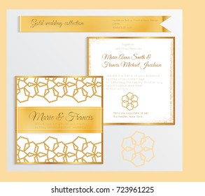Luxury wedding invitation template with gold shiny realistic ribbon. Back and front square card layout with rich golden pattern on white. Isolated. Design for bridal shower, save the date, banner.