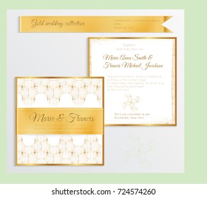 Luxury wedding invitation template with gold shiny realistic ribbon. Back and front square card layout with rich golden pattern on white. Isolated. Design for bridal shower, save the date, banner.