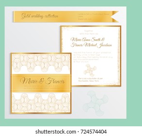 Luxury wedding invitation template with gold shiny realistic ribbon. Back and front square card layout with rich golden pattern on white. Isolated. Design for bridal shower, save the date, banner.