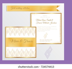 Luxury wedding invitation template with gold shiny realistic ribbon. Back and front square card layout with rich golden pattern on white. Isolated. Design for bridal shower, save the date, banner.